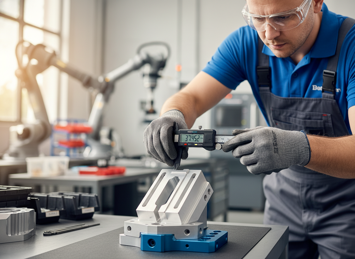 Skilled engineer inspecting a custom metal part with precision measurement tool